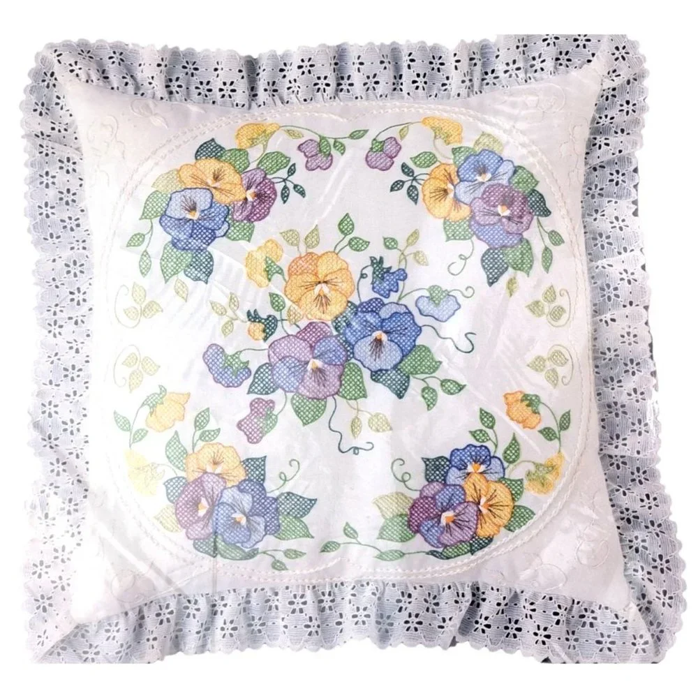 Vintage Stamped Cross Stitch Pillow Kit Pansy Golden Bee Lace 20332 Flower Craft